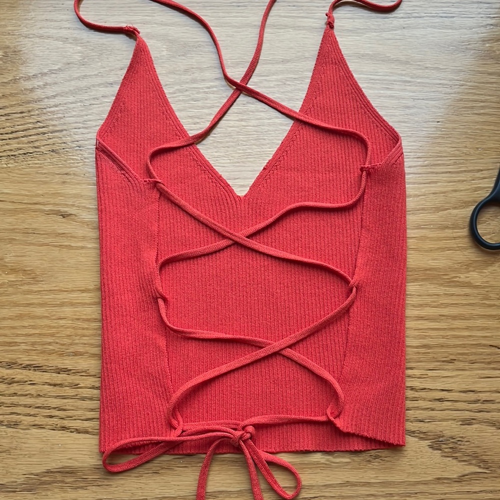 Small Lace up Coral Open Back Cropped Tank Top